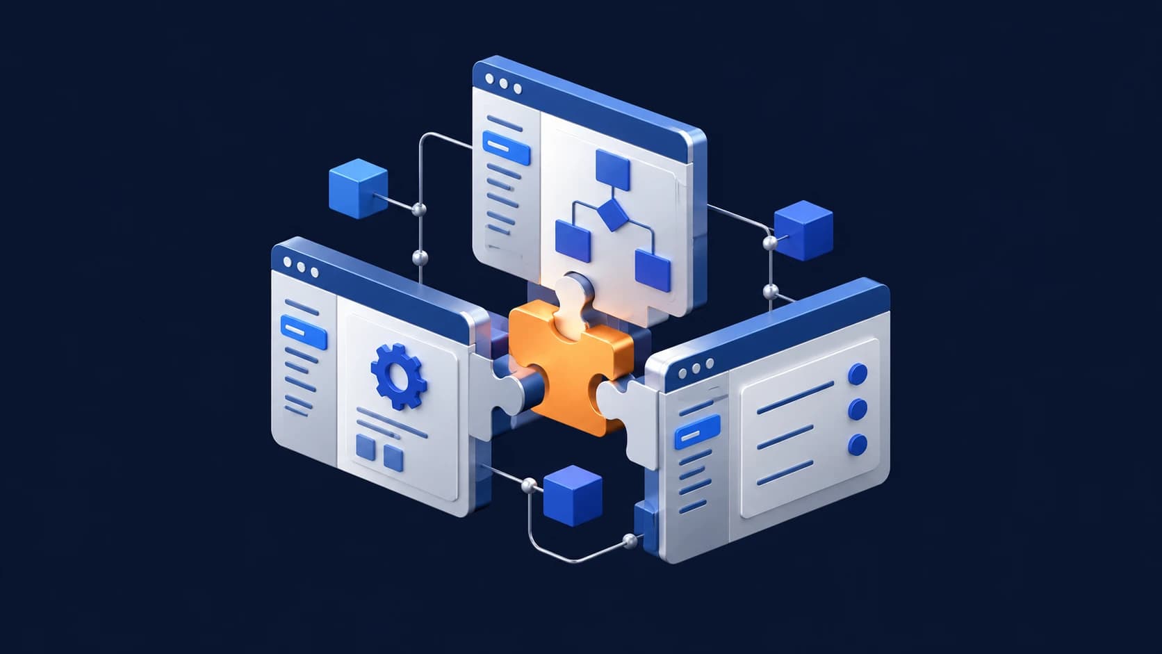 Three interlocking application modules joined by an orange puzzle piece